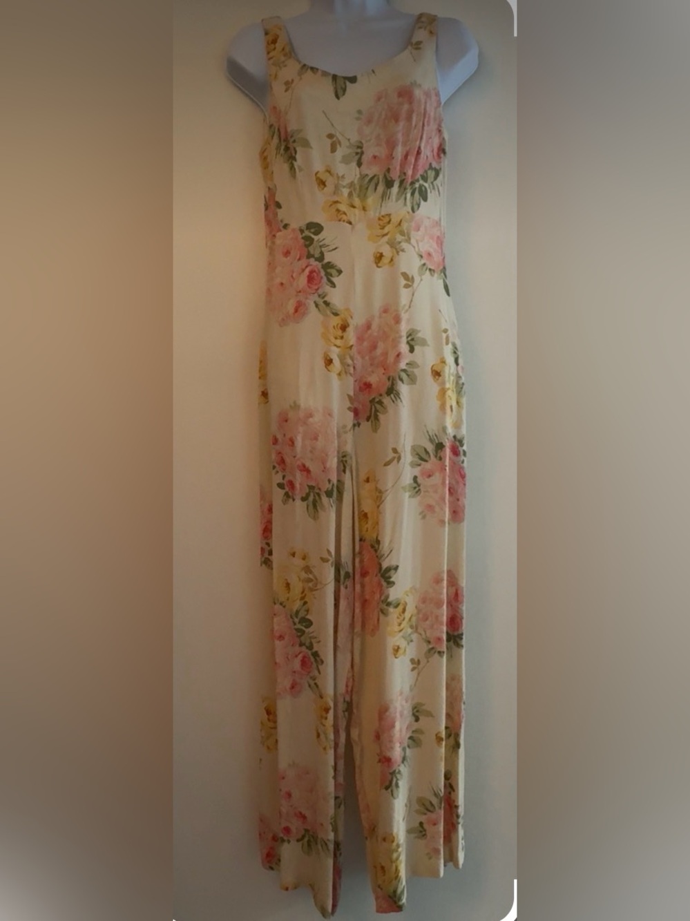 Betsey Johnson Cream Floral Jumpsuit with Pink & Yellow Roses